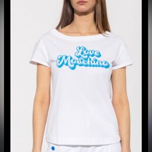 Love Moschino Women’s 100% Cotton Crop Logo T-Shirt Wide Neck Collar Blue White